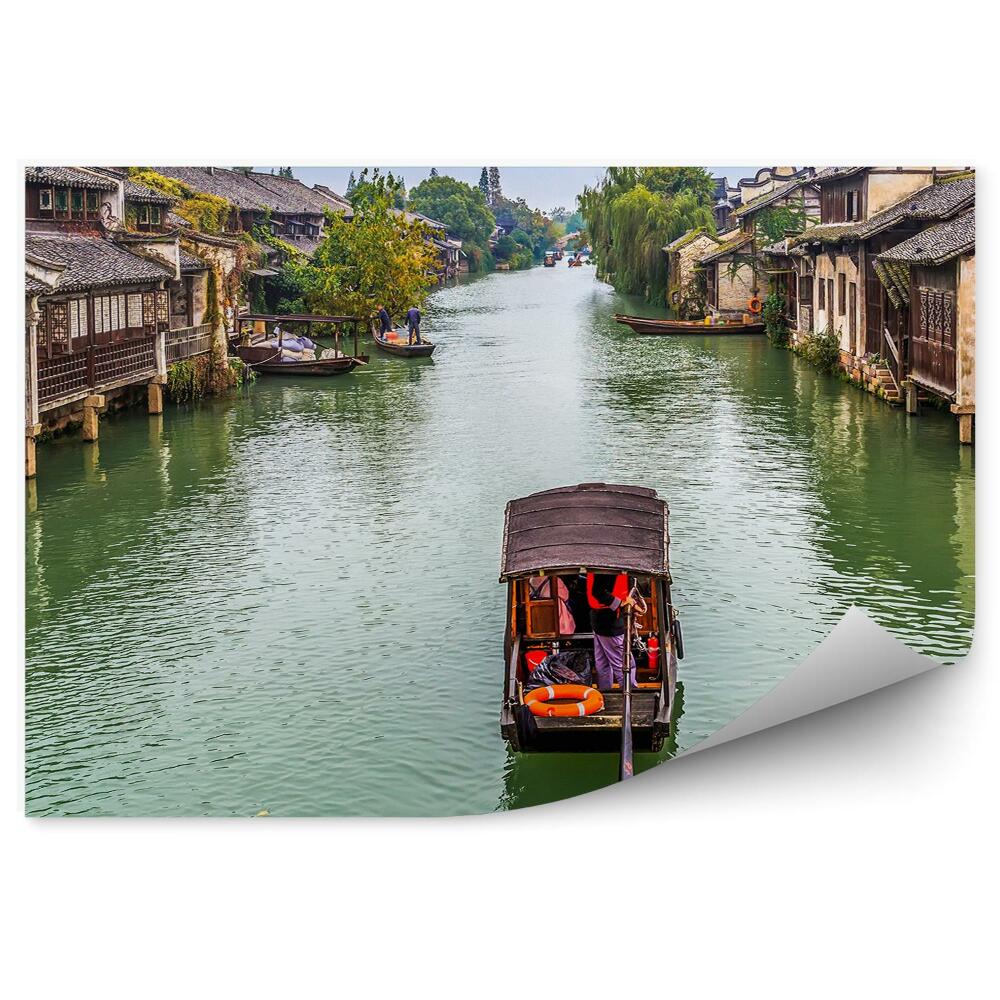 Okleina ścienna Rzeka Azja domy na wodzie łódź