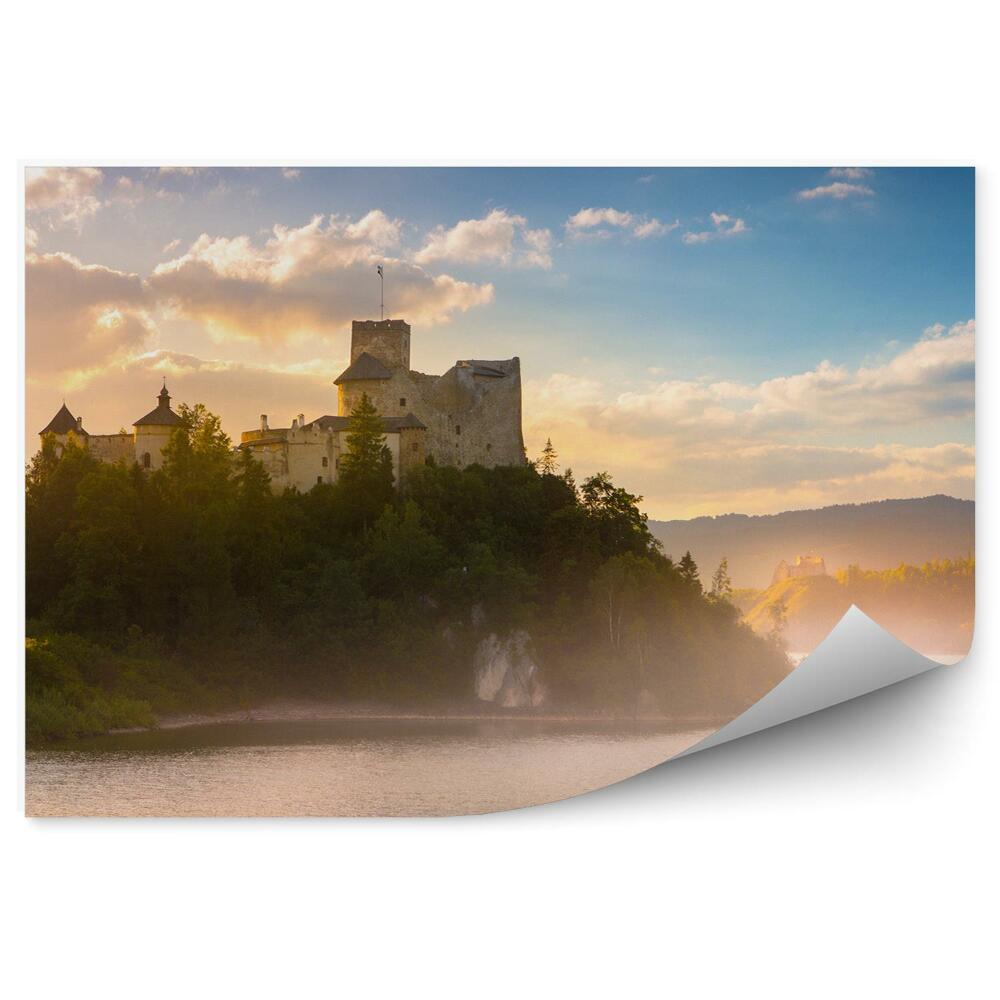Okleina na ścianę Średniowieczny zamek niedzica jezioro czorsztyńskie drzewa iglaste niebo chmury pieniny