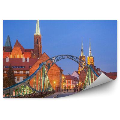 Fototapeta Ostrów Tumski Wrocław most kłódki katedra rzeźby chodnik chmury