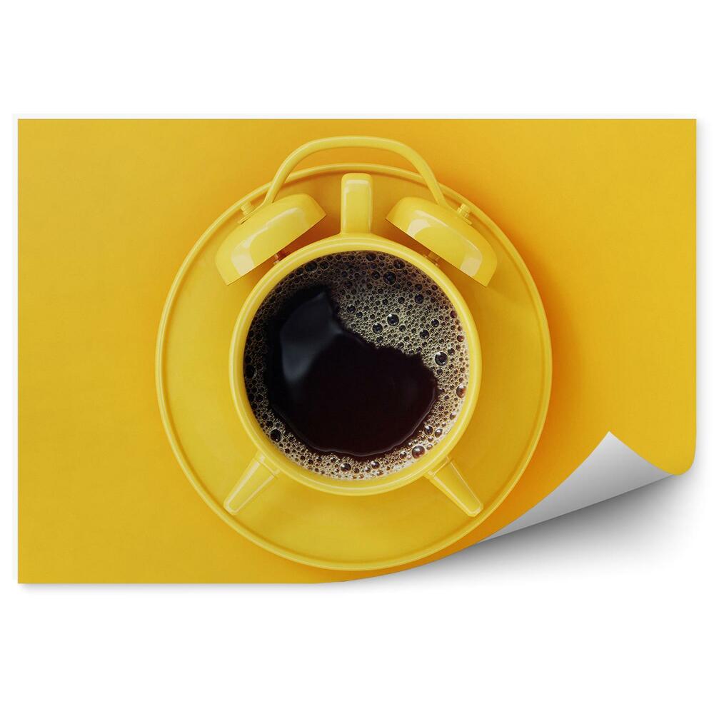 Fototapeta Kubek budzik czarna kawa żółte tło