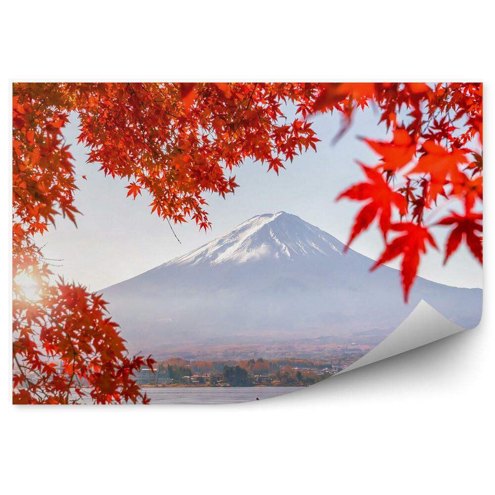 Okleina na ścianę Kolorowa jesień góra fudżi łodzie liście klonu jezioro kawaguchiko śnieg