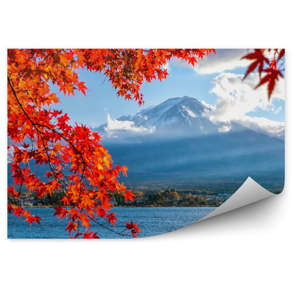 Okleina na ścianę Kolorowa jesień góra fudżi liście klonu jezioro kawaguchiko śnieg mgła