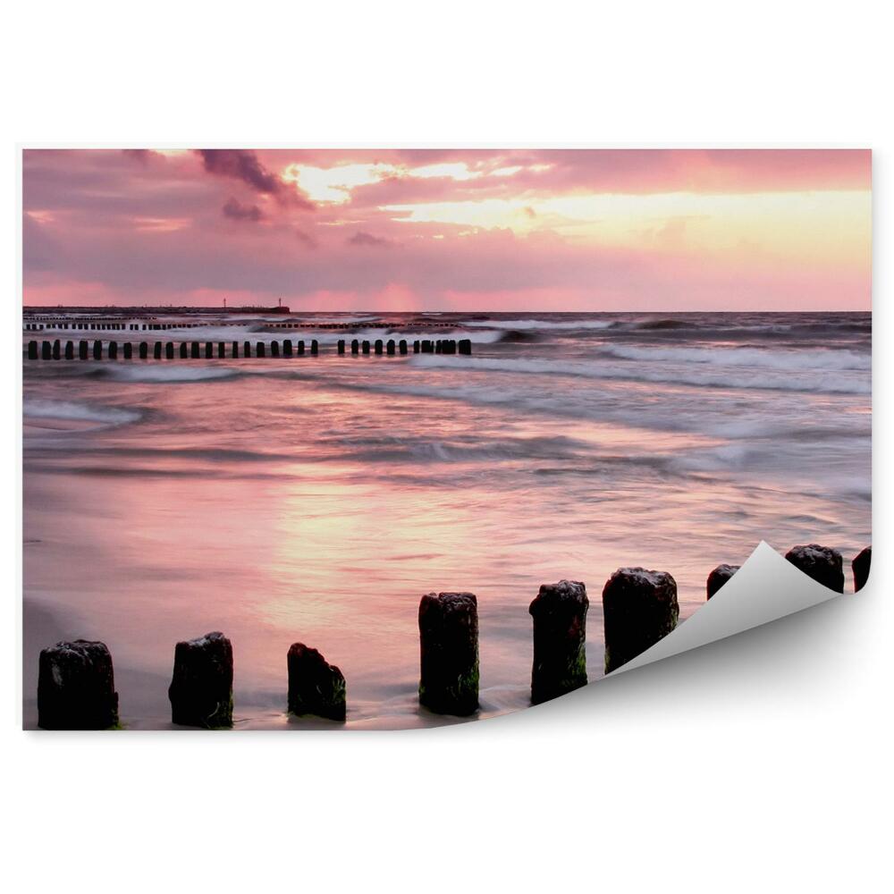 Okleina na ścianę Morze Bałtyckie plaża fale różowe światło