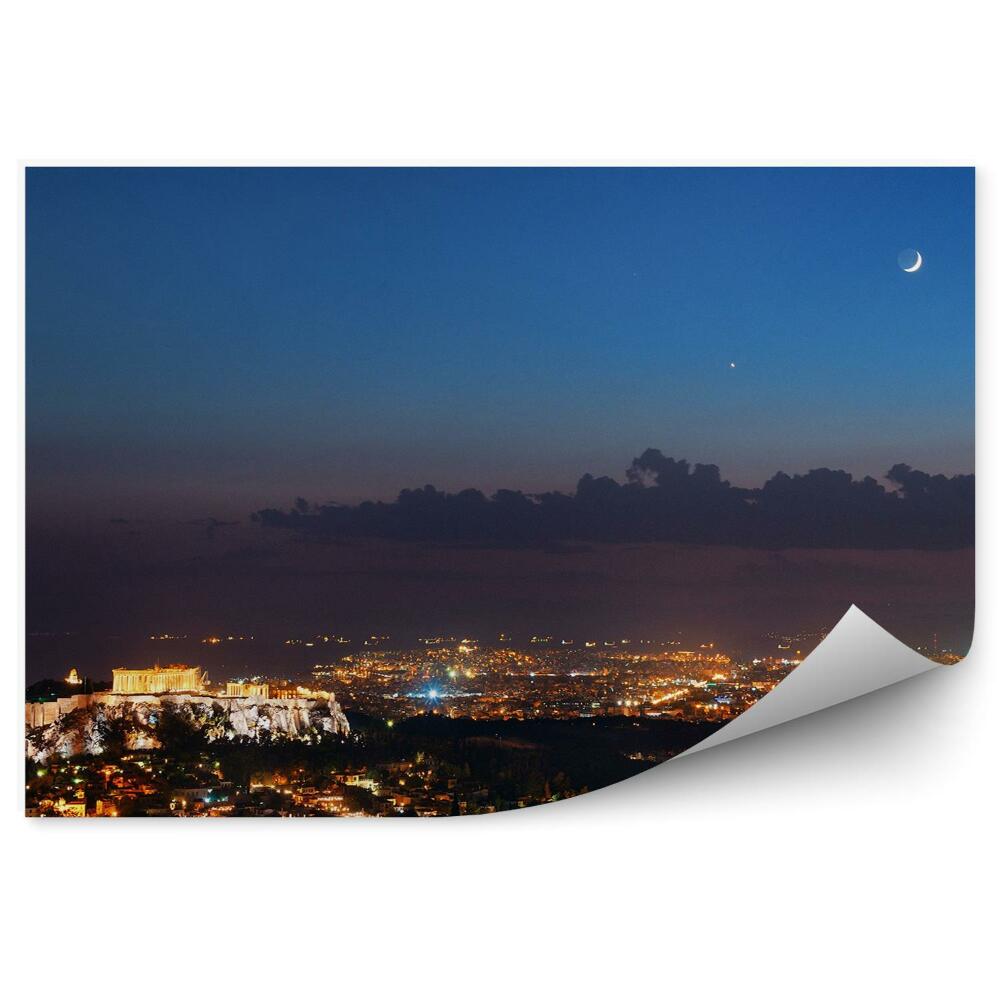 Okleina na ścianę widok z lotu ptak panorama miasta Ateny Grecja niebo księżyc chmury
