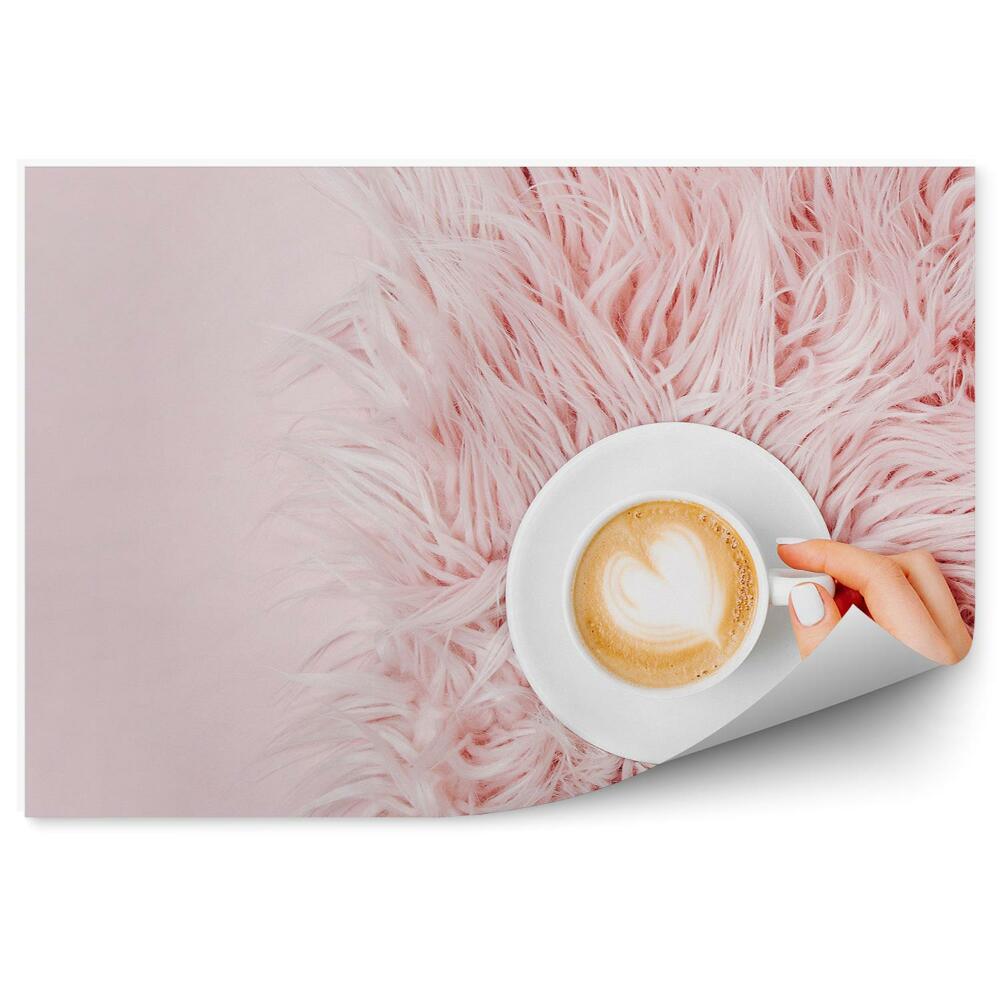 Fototapeta Kobieca dłoń filiżanka kawy pianka różowe tło poduszka