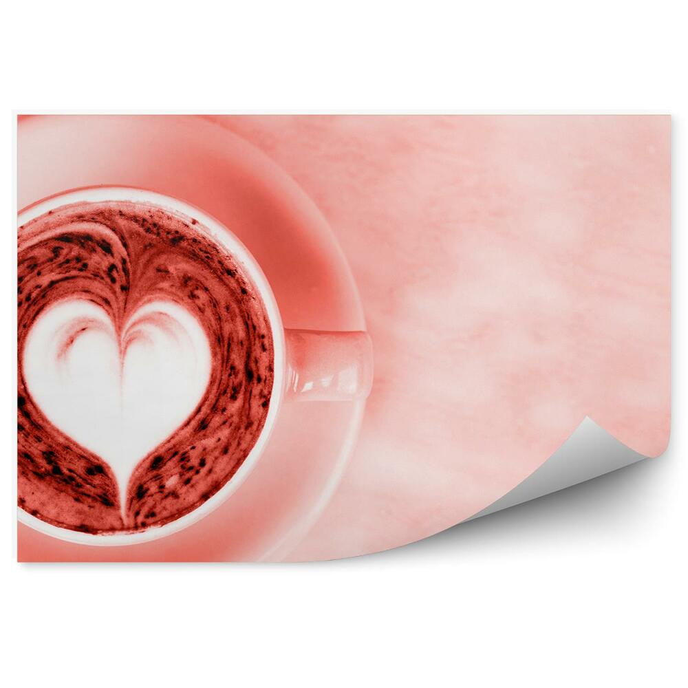 Fototapeta Różowy kubek gorąca kawa różowe tło białe serduszko