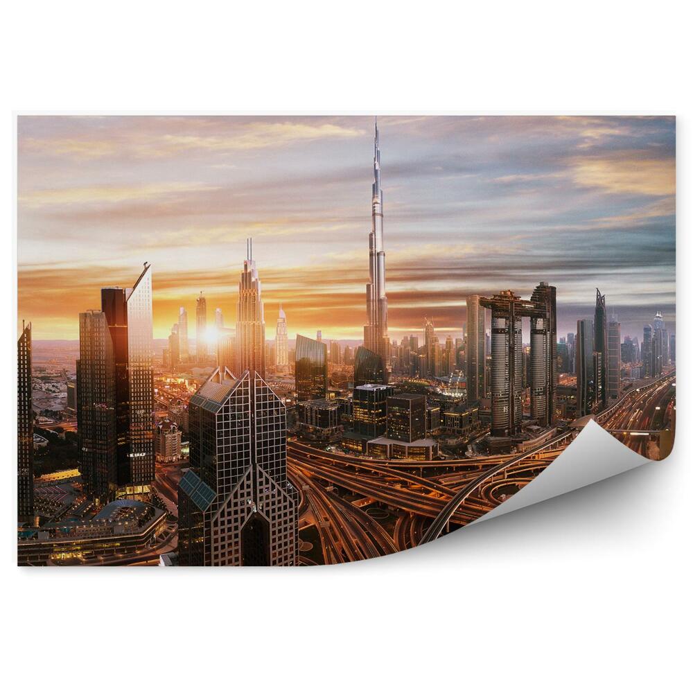 Fototapeta Dubaj wieżowce budynki autostrada zachód słońca chmury