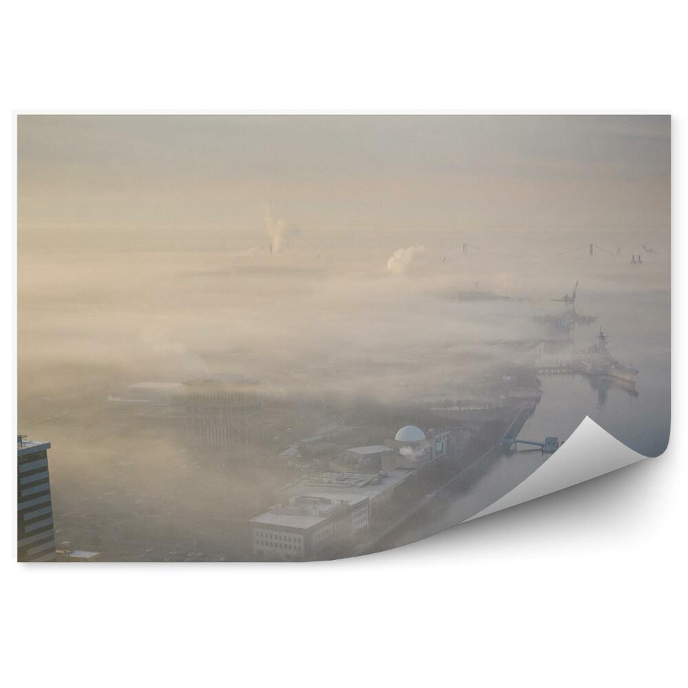 Okleina ścienna Budynki łodzie miasto rzeka niebo poranna mgła