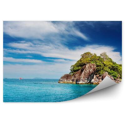 Okleina ścienna Skały wyspa statek błękitna woda horyzont góry