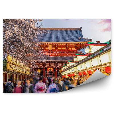 Okleina na ścianę drzewo wiśni ludzie zakupy ulica budynek Japonia