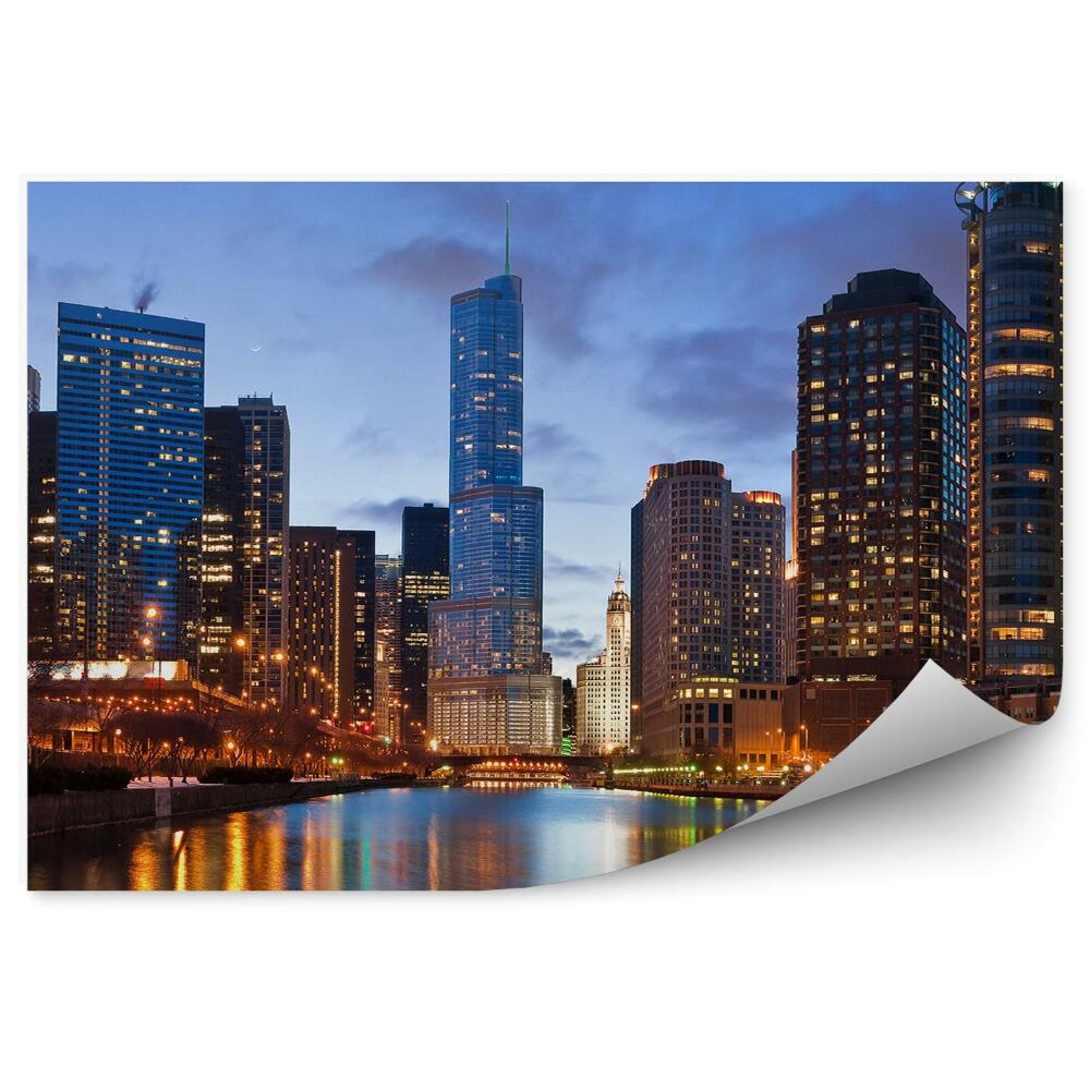 Fototapeta na ścianę Chicago wieżowce noc światła drzewa rzeka