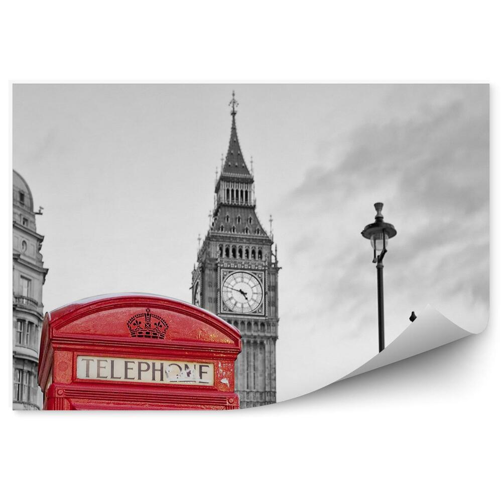 Fototapeta Czerwona budka telefoniczna w londynie z big ben w czerni i bieli