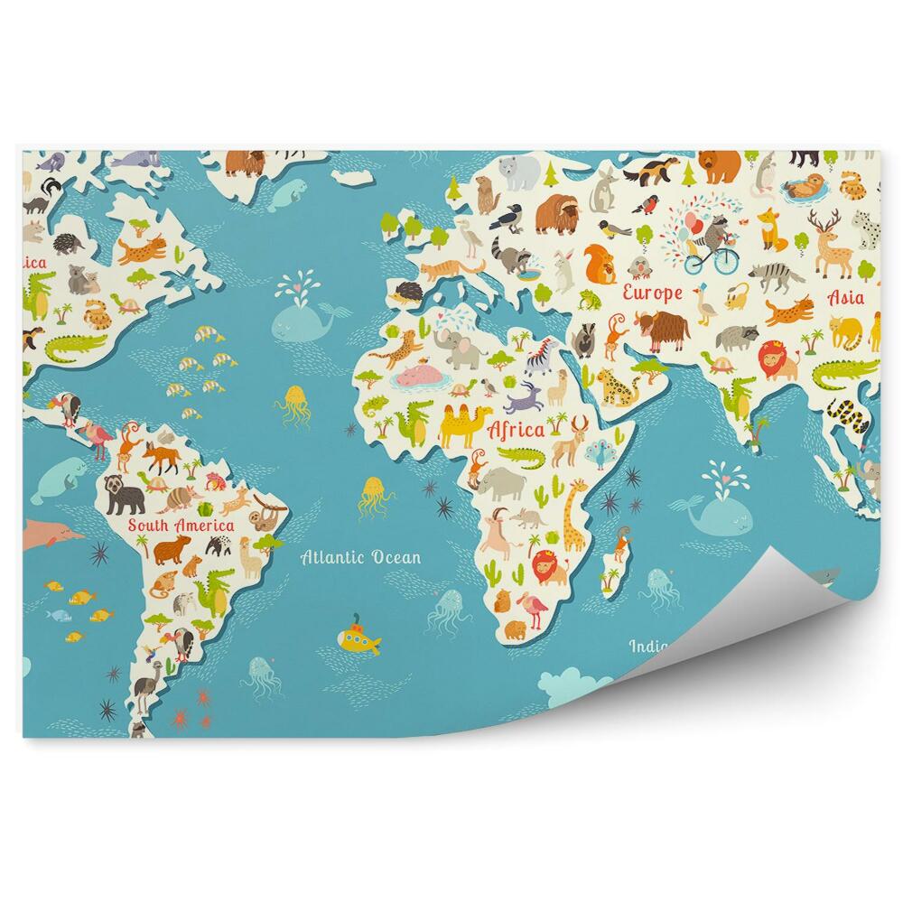 Fototapeta samoprzylepna Mapa całego świata kontynenty zwierzęta