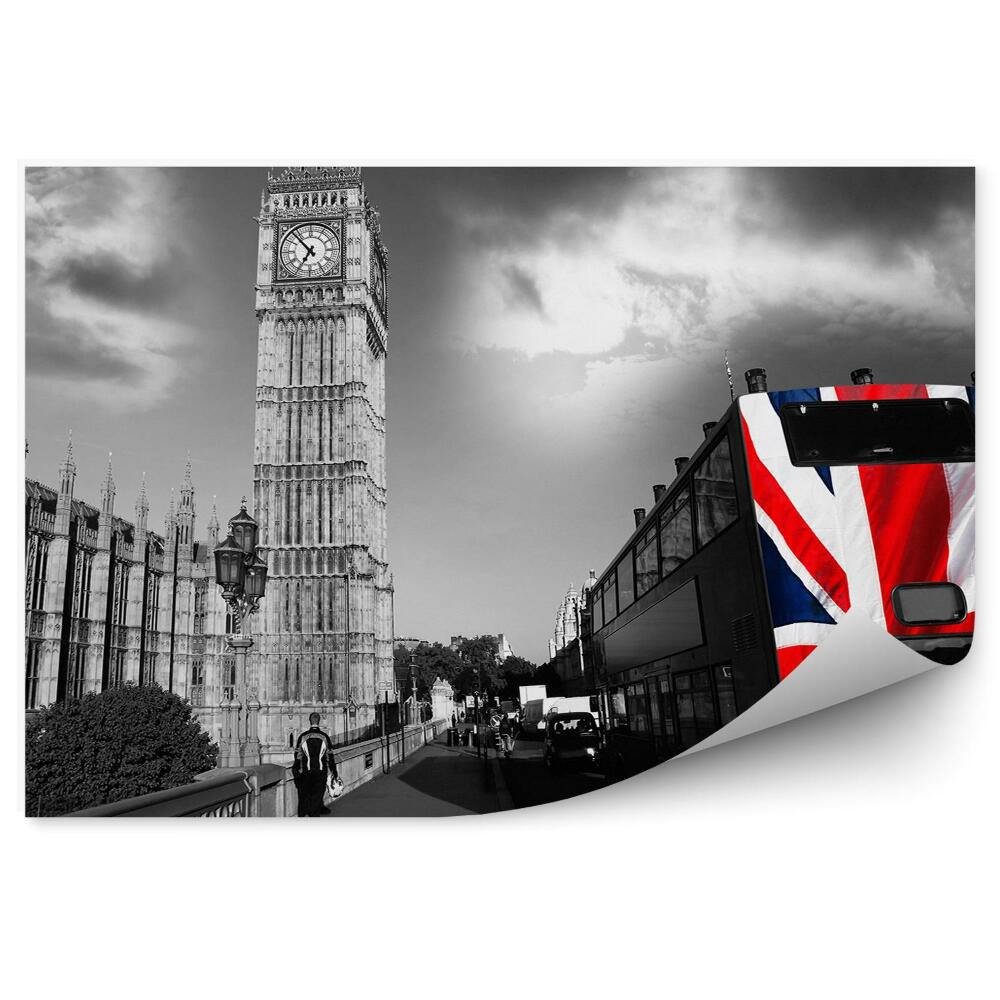 Okleina na ścianę Czarno-białe zdjęcie miasto londyn autobus big ben flaga