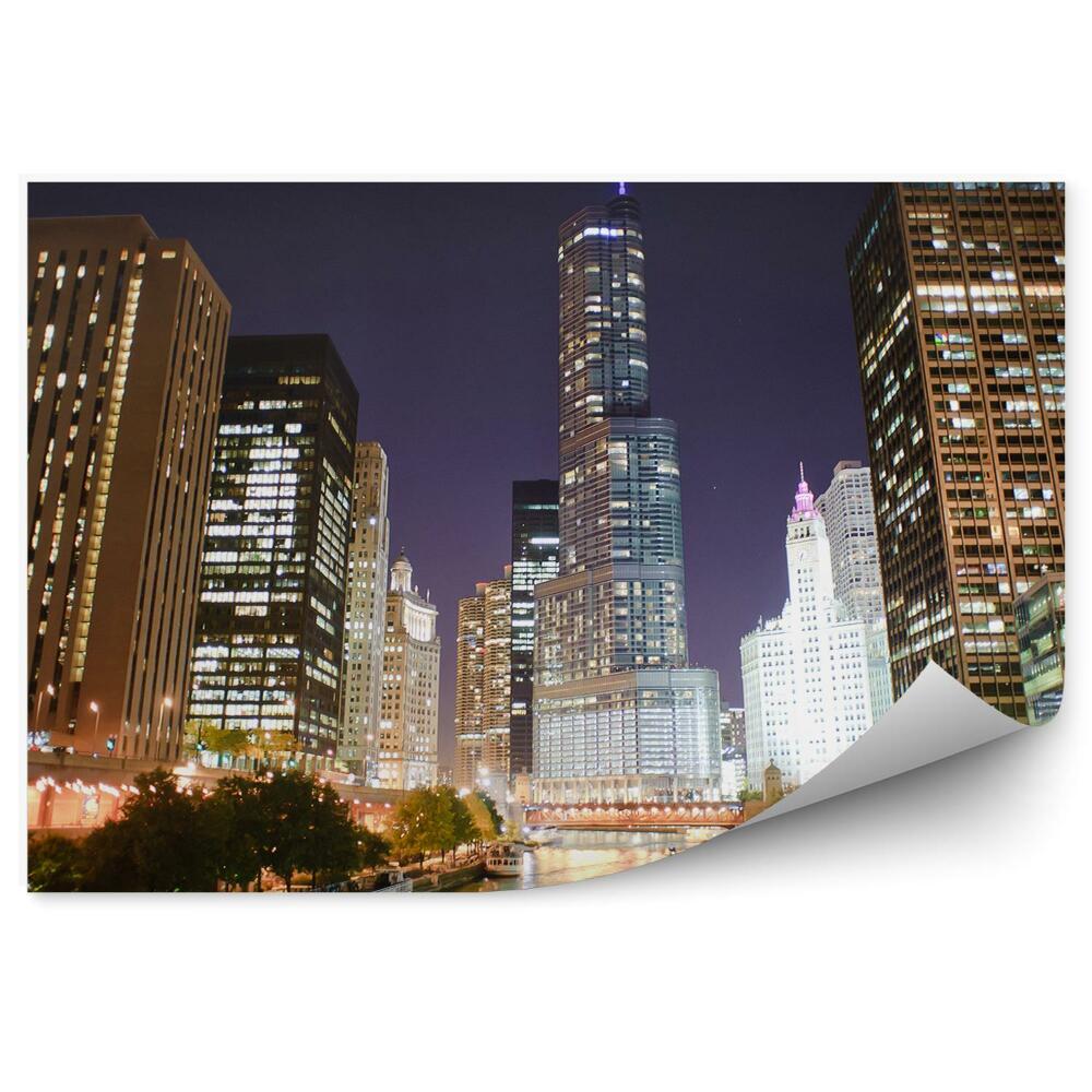 Fototapeta na ścianę Chicago wieżowce noc światła rzeka drzewa most cienie