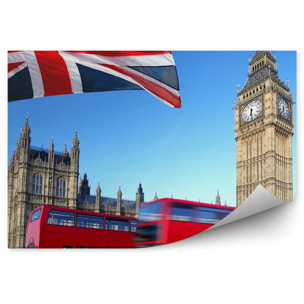 Fototapeta Westminster Pałac Big Ben piętrowe autobusy flaga Anglii Londyn
