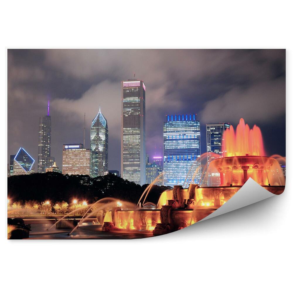 Fototapeta na ścianę kolorowa fontanna drzewa wieżowce światła noc Chicago