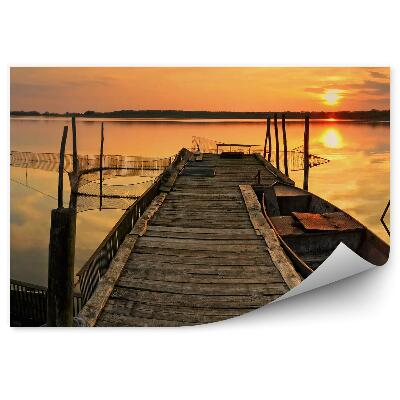 Okleina ścienna Łodzie pomost sieci trawa zachód słońca