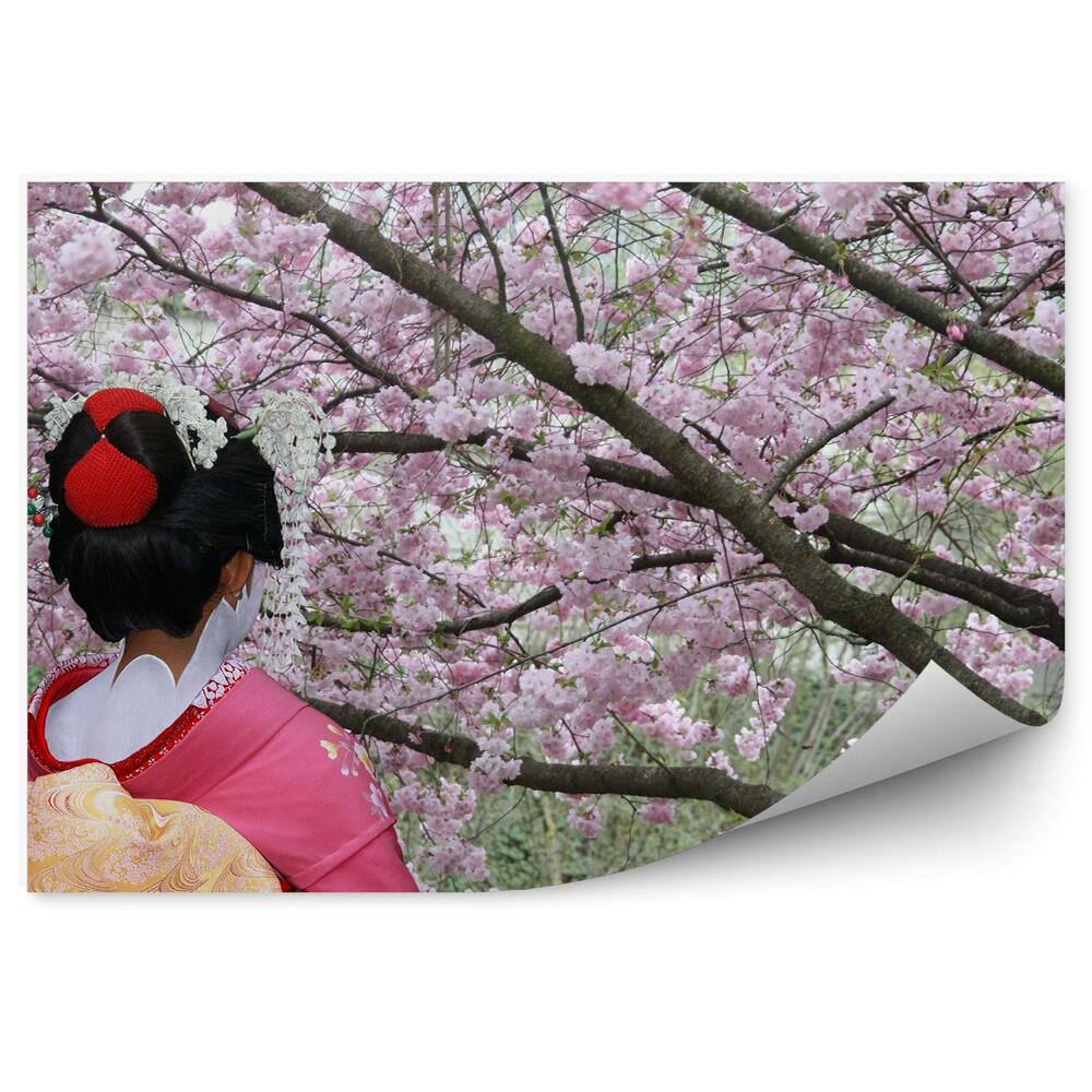 Fotopeta Gejsza makijaż sakura kwiaty drzewa kimono