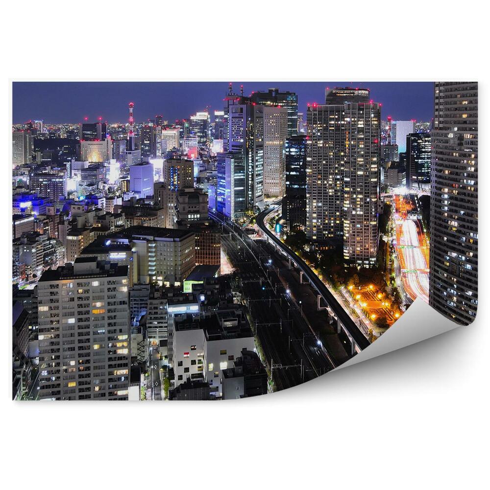 Okleina na ścianę wieżowce droga transport noc światła Tokio