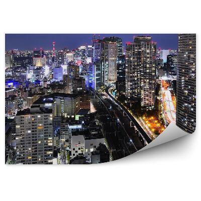 Okleina na ścianę wieżowce droga transport noc światła Tokio