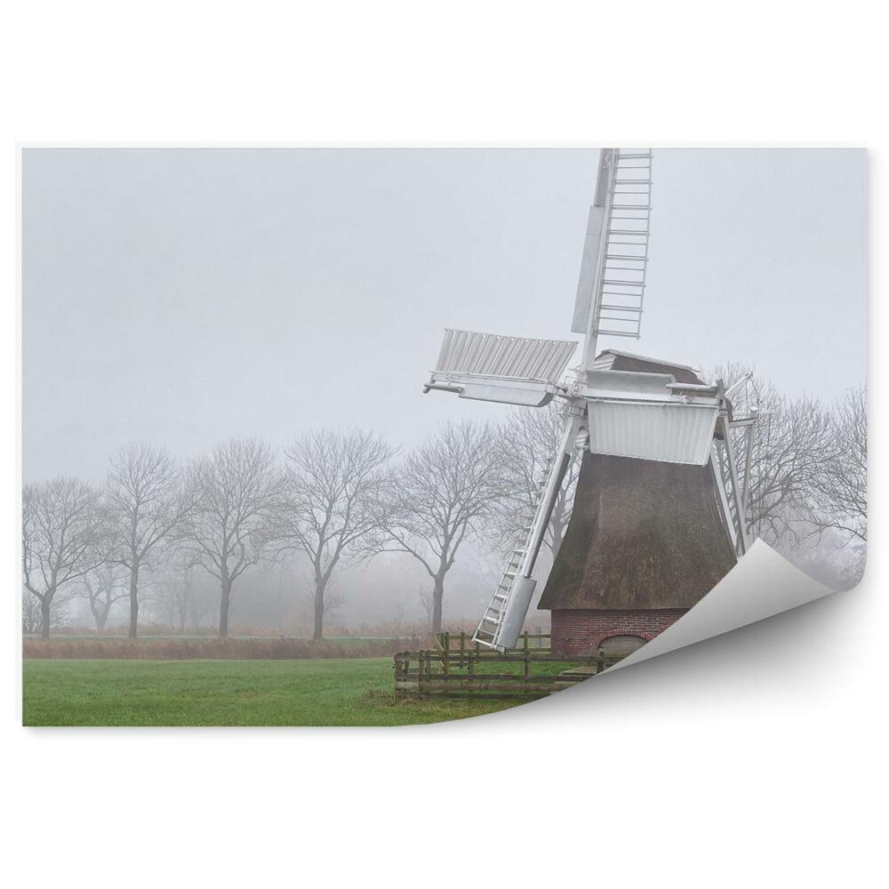 Okleina ścienna Holandia wiatrak drzewa zielona trawa rzeka poranna mgła