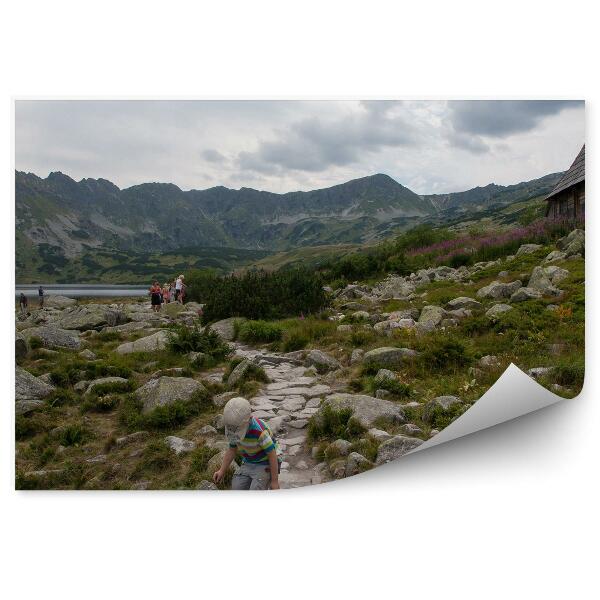 Okleina na ścianę Tatry góry morskie oko drzewa chatka niebo chmury ludzie