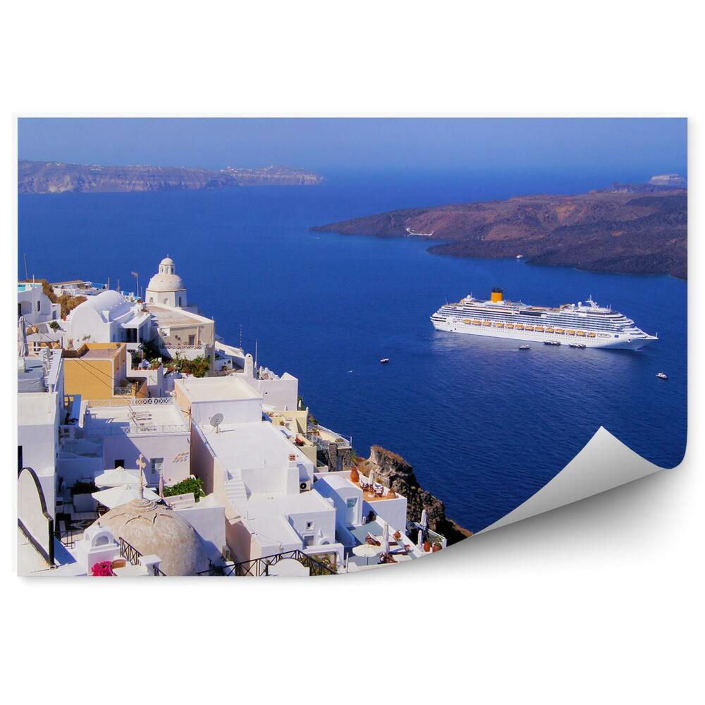 Fototapeta Santorini budynki góry jachty Grecja