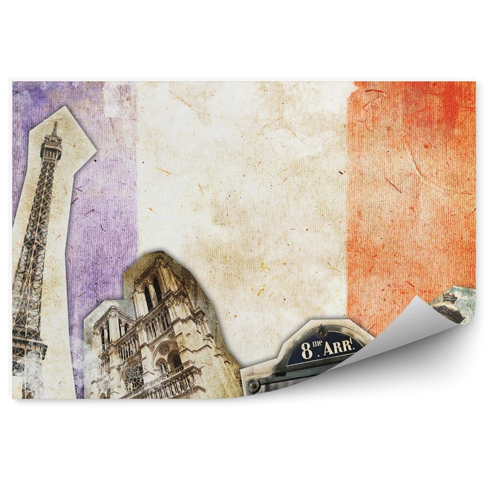 Fototapeta flaga Francji Notre Dam lampy znaki wieża Eiffla