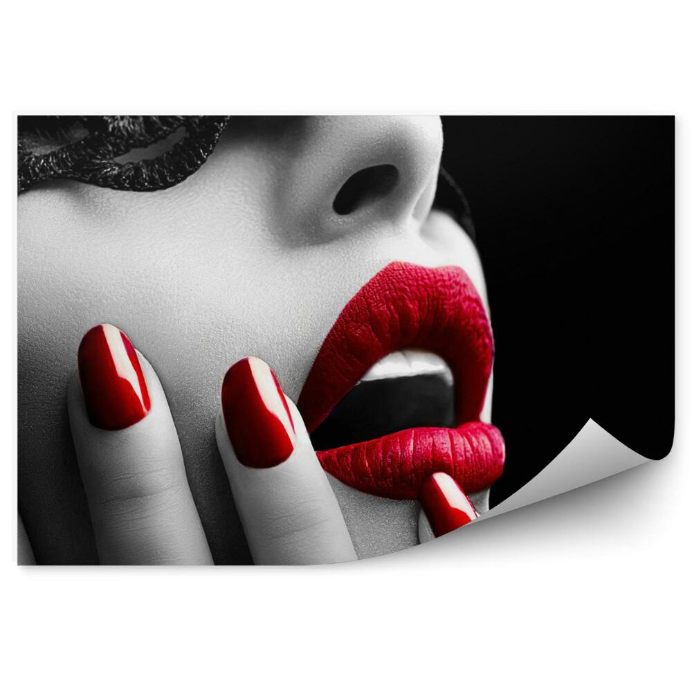 Fotopeta Piękna kobieta z czarnymi koronkami na oczach, czerwone usta