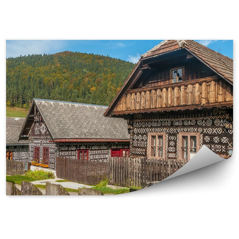 Okleina na ścianę drewniane domy wiejskie góry niebo