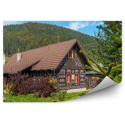 Okleina na ścianę malowane drewniane domy niebo chmury góry natura drzewa iglaste