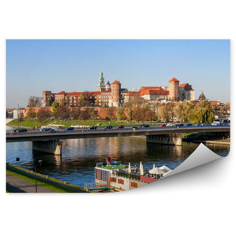 Fototapeta Kraków panorama most samochody statek katedra wawel rzeka wisła drzewa