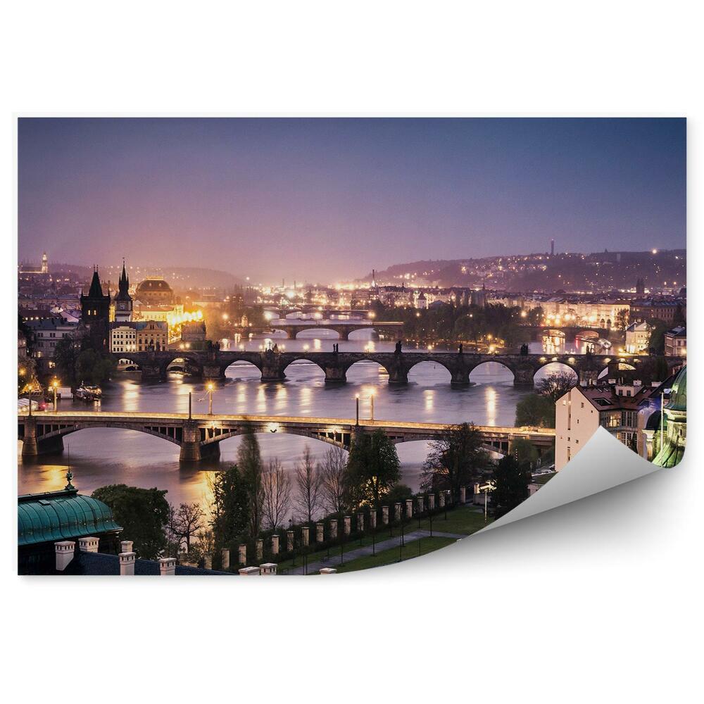 Okleina na ścianę mosty panorama miasta Praga noc światła