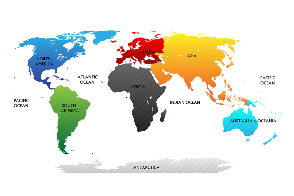 Fototapety Mapa świata z zaznaczonymi kontynentami