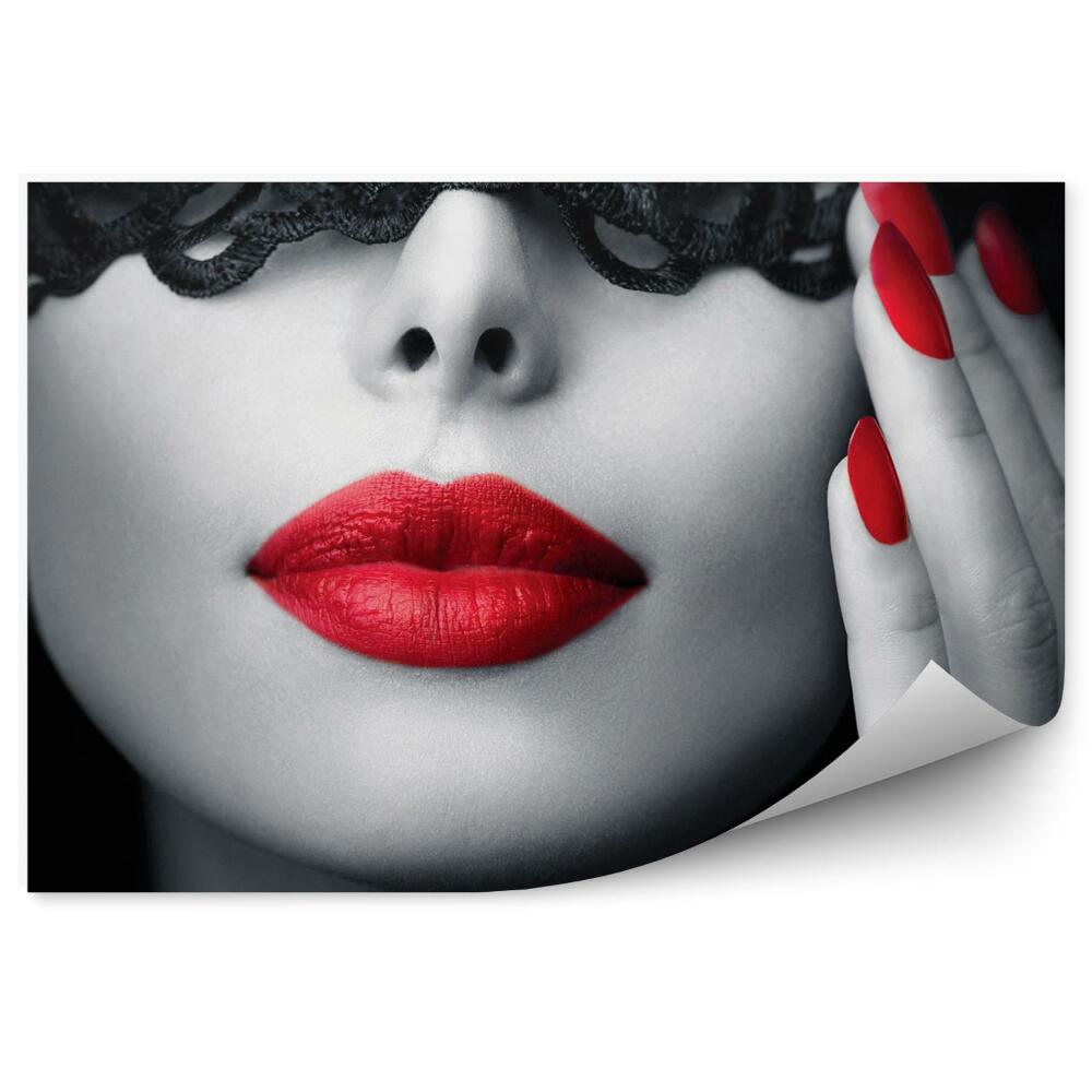 Fotopeta Piękna kobieta z czarną koronką na oczach i czerwone usta