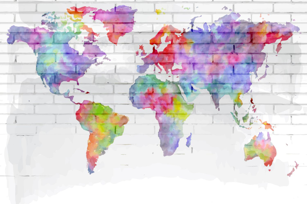 Fototapety Akwarela mapa świata na ścianie z cegły