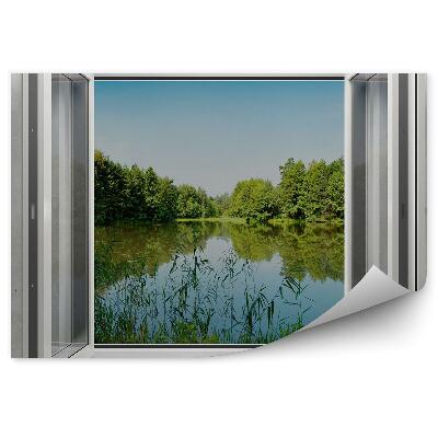 Fototapeta Szara ściana okno las jezioro drzewa
