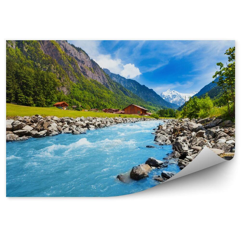 Fototapeta Szwajcarski krajobraz z rzeki strumienia i domy