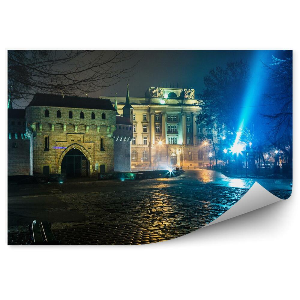 Fototapeta barbakan Kraków ścieżka noc światła drzewa