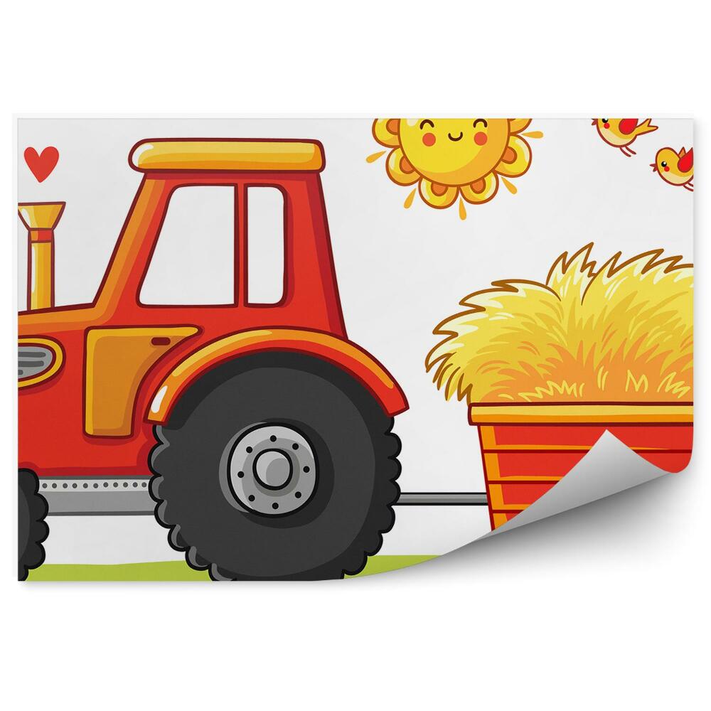 Okleina ścienna Urocza grafika traktor z przyczepką słońce ptaszki