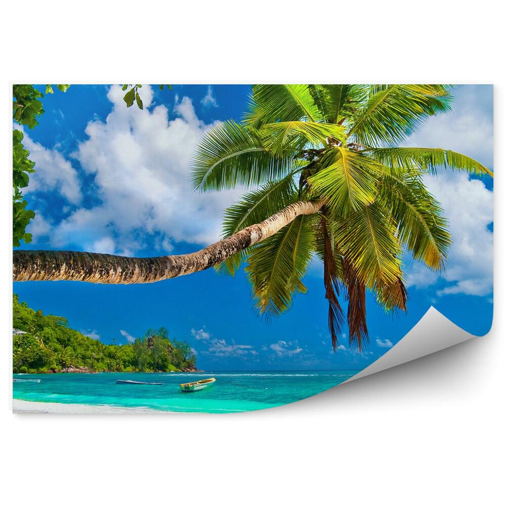Fototapeta na ścianę plaża palma drzewa wyspa łódka niebo chmury Seszele