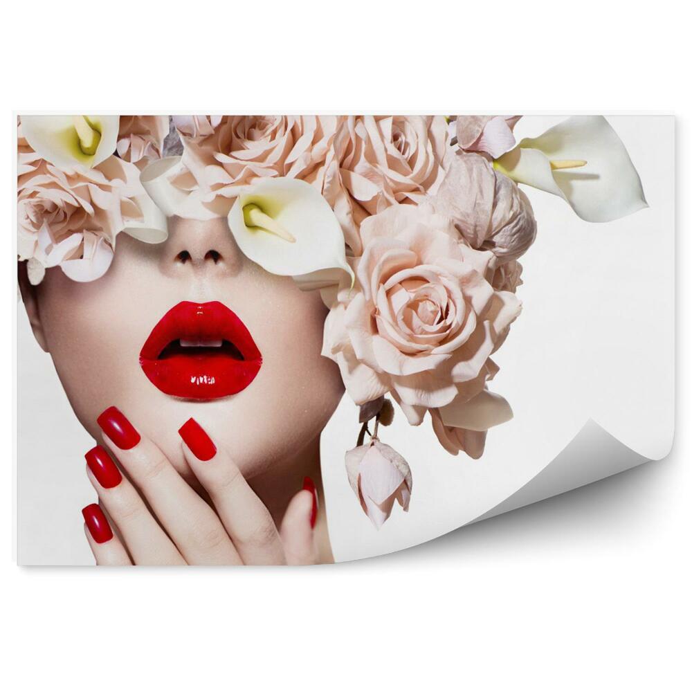 Fotopeta Vogue styl model dziewczyny twarz z różami. Sexy czerwone usta i paznokcie