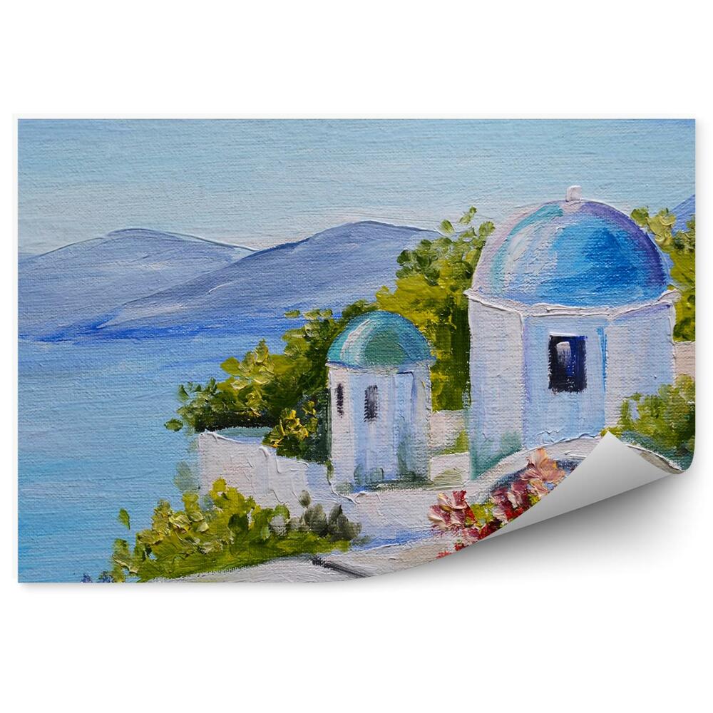 Fototapeta Santorini morze budynki kwiaty Grecja obraz olejny