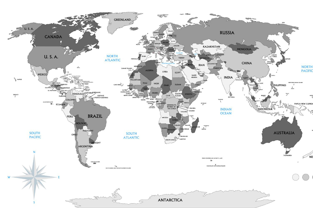 Fototapety Czarno biała polityczna mapa swiata