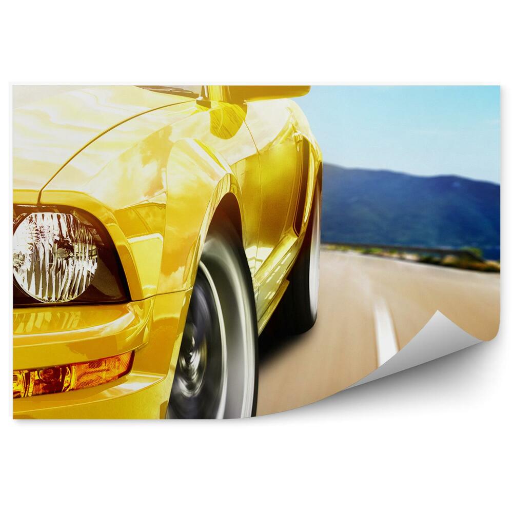 Fototapeta na ścianę Yellow sportowy samochód na tle drogi w górach