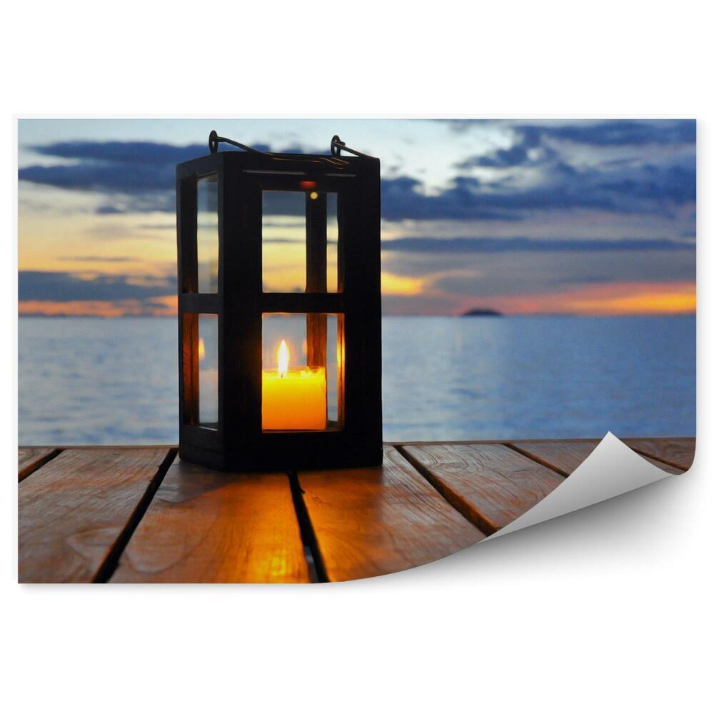 Okleina ścienna Drewniany taras latarnia świeczka ocean morze zachód słońca