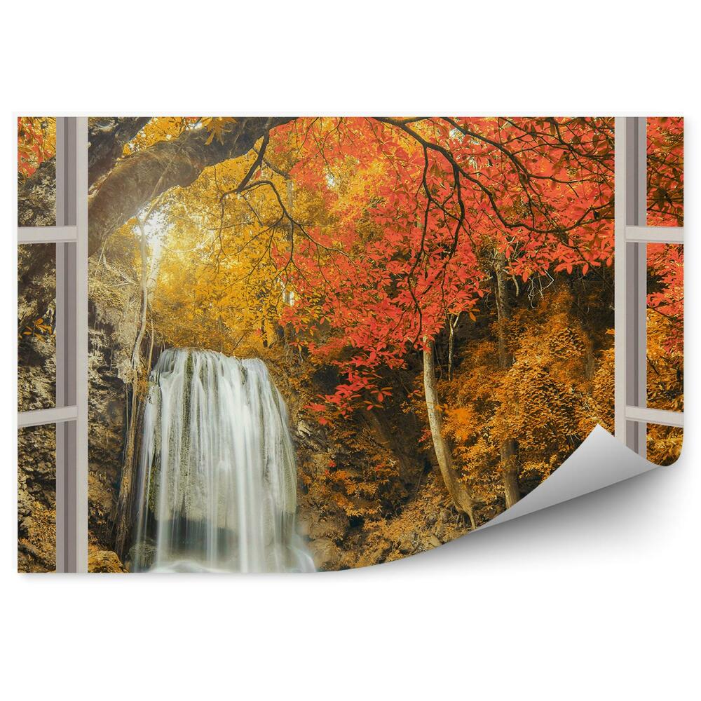 Fototapeta Okno wodospad kolorowe drzewa jezioro