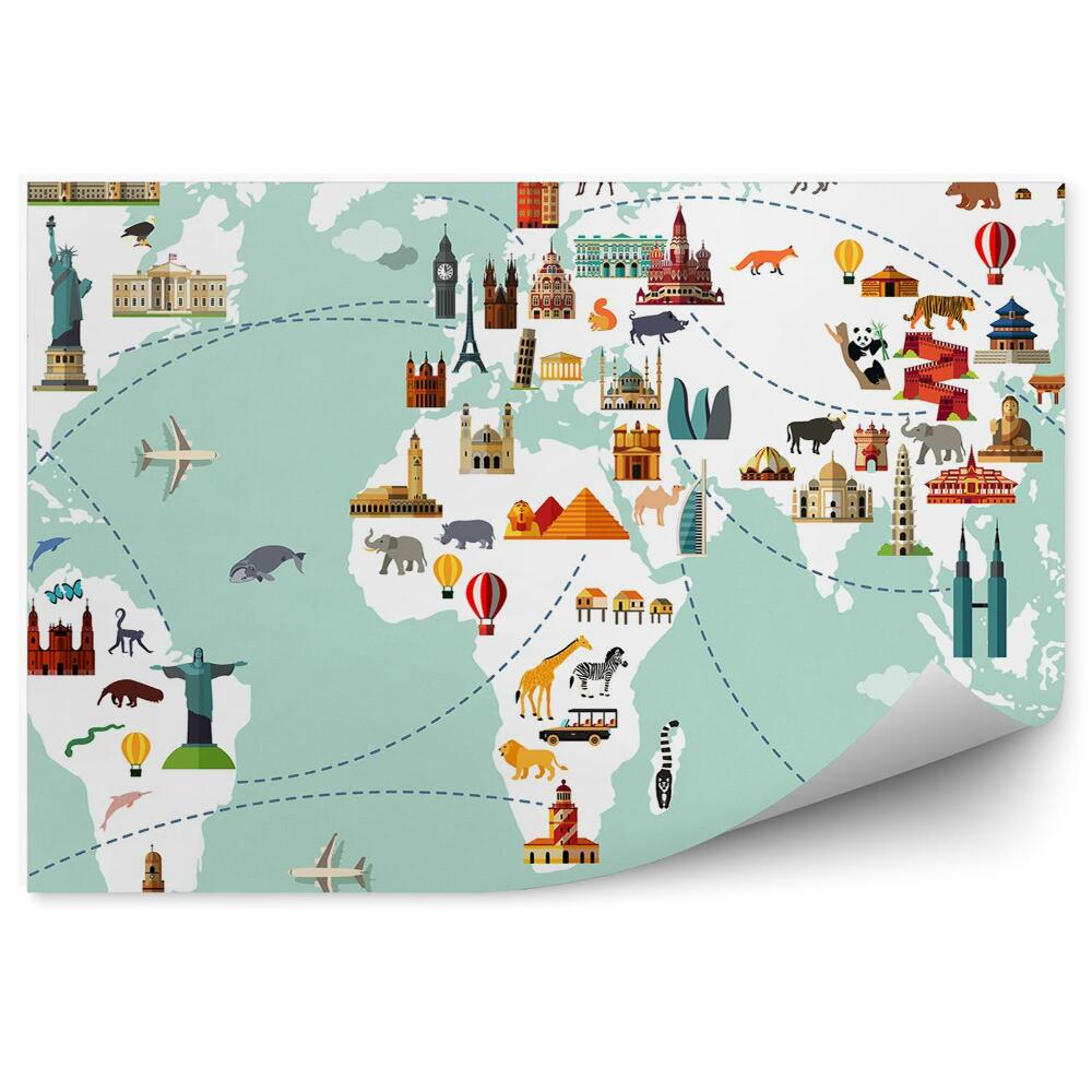 Fototapeta samoprzylepna Podróżnicza mapa świata symbole kontynenty dla dzieci