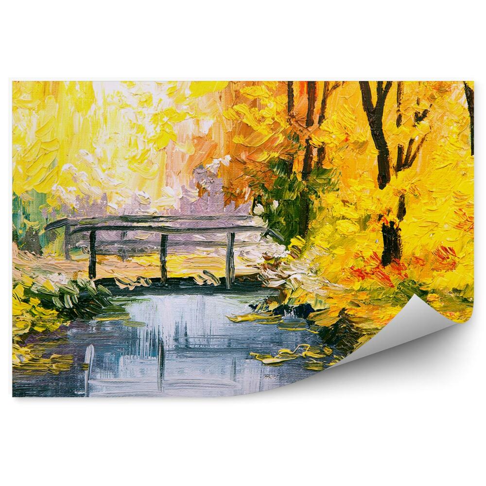 Fototapeta Jesienny krajobraz liście mostek rzeka obraz olejny